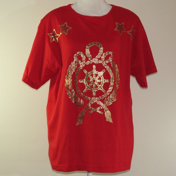 Huntington Ridge Red with Gold Nautical Theme Short Sleeve Blouse Size M (C1130) - Picture 2 of 7